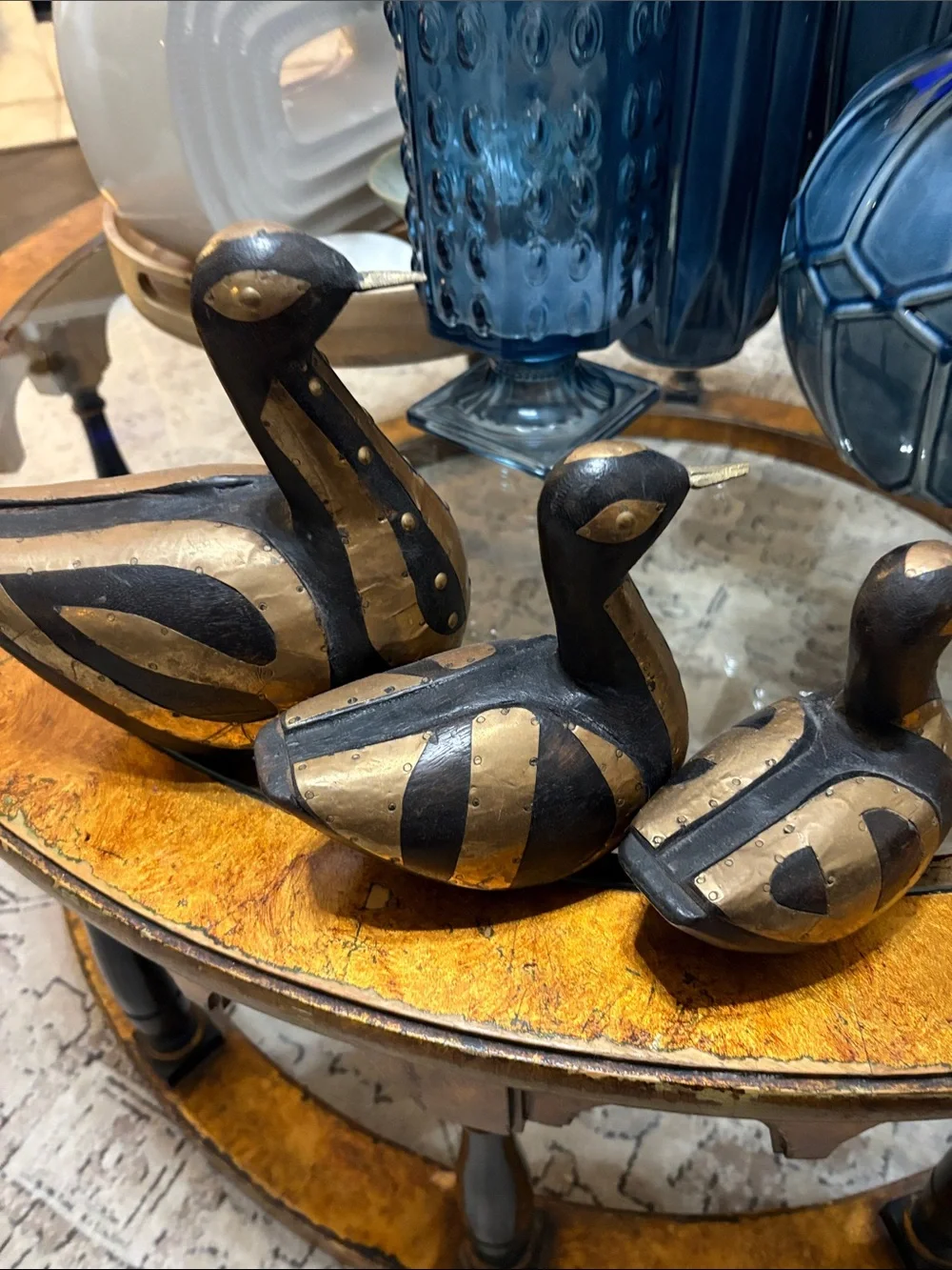 VTG Hand Carved Wooden Brass Duck Figurines
